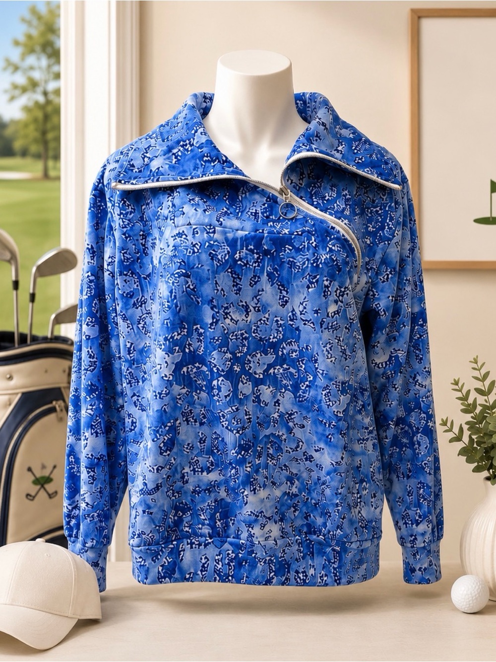 Acegolfs blue sweatshirt funnel style collar and asymmetrical zip size small